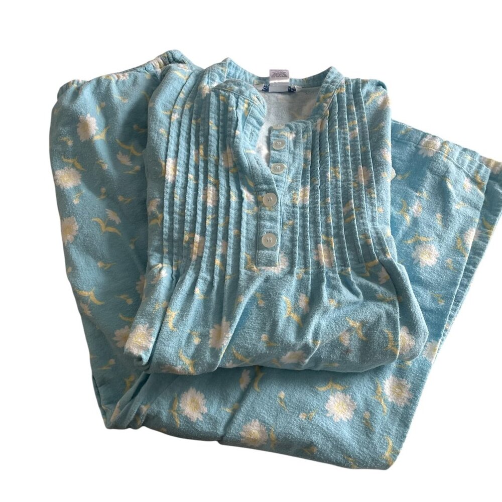 Cuddledown Flannel Pajama Set Medium Blue Floral Print Sleep Shirt Lounge Pants